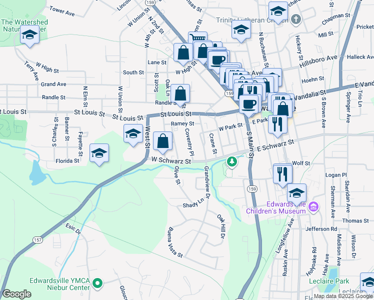 map of restaurants, bars, coffee shops, grocery stores, and more near 328 Olive Street in Edwardsville