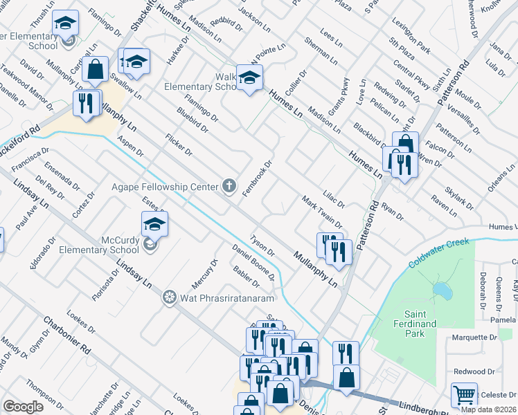 map of restaurants, bars, coffee shops, grocery stores, and more near 1600 Tyson Drive in Florissant