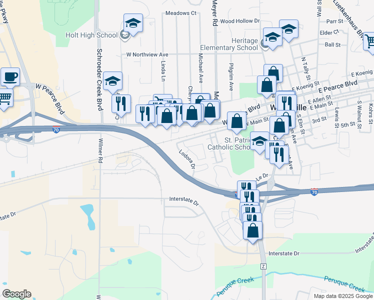 map of restaurants, bars, coffee shops, grocery stores, and more near 600 West Main Street in Wentzville