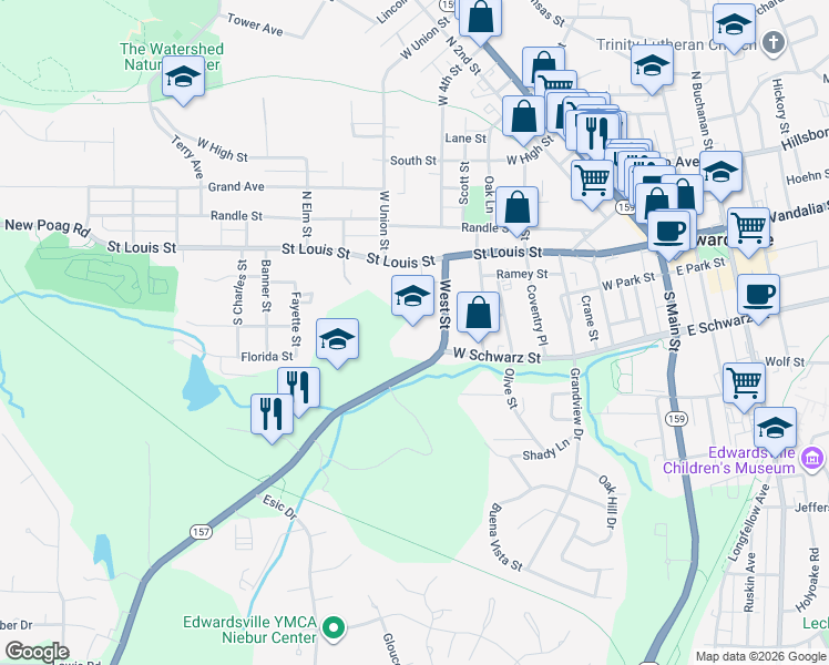 map of restaurants, bars, coffee shops, grocery stores, and more near 145 West Street in Edwardsville