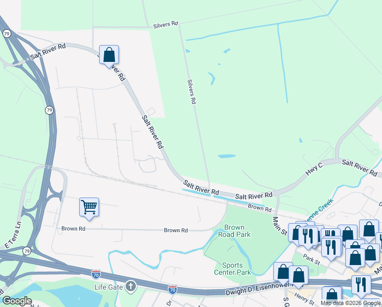 map of restaurants, bars, coffee shops, grocery stores, and more near 1451 Silvers Road in St. Peters