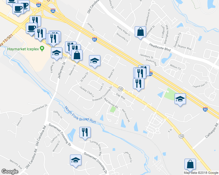 map of restaurants, bars, coffee shops, grocery stores, and more near 14800 Gap Way in Haymarket
