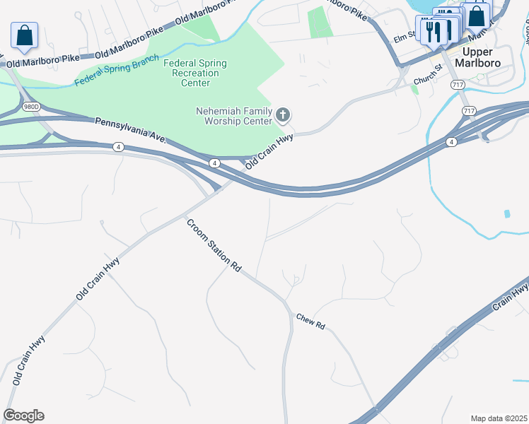 map of restaurants, bars, coffee shops, grocery stores, and more near 5901 Old Croom Station Road in Upper Marlboro