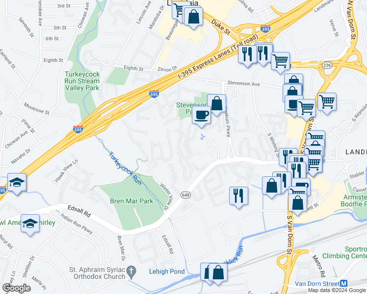 map of restaurants, bars, coffee shops, grocery stores, and more near 307 Yoakum Parkway in Alexandria