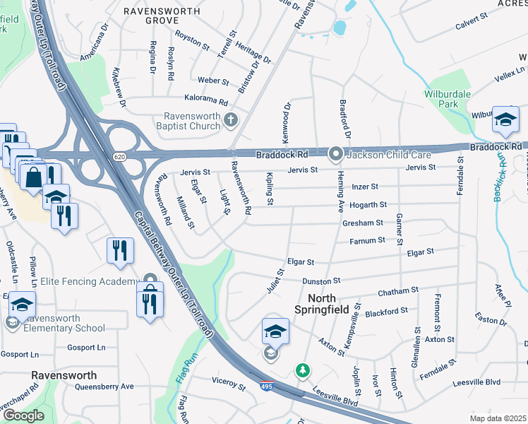 map of restaurants, bars, coffee shops, grocery stores, and more near 7611 Hogarth Street in Springfield