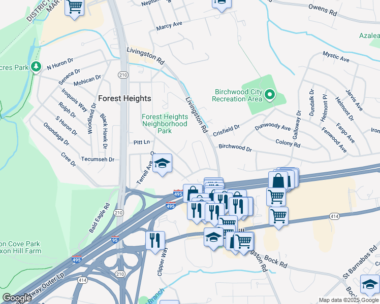 map of restaurants, bars, coffee shops, grocery stores, and more near 5817 Choctaw Drive in Oxon Hill