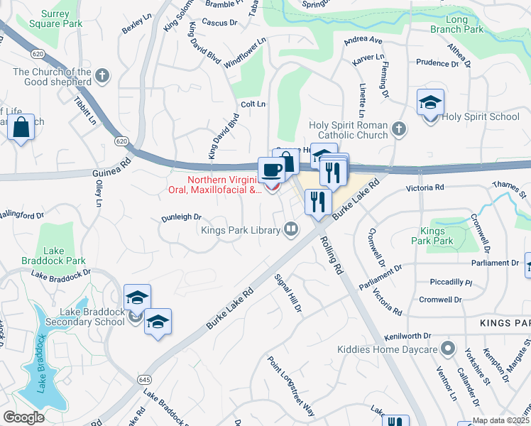 map of restaurants, bars, coffee shops, grocery stores, and more near 5207 Dunleigh Glen Lane in Burke