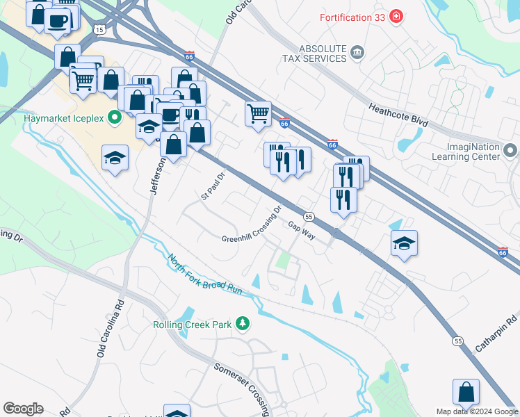 map of restaurants, bars, coffee shops, grocery stores, and more near 6871 Track Court in Haymarket