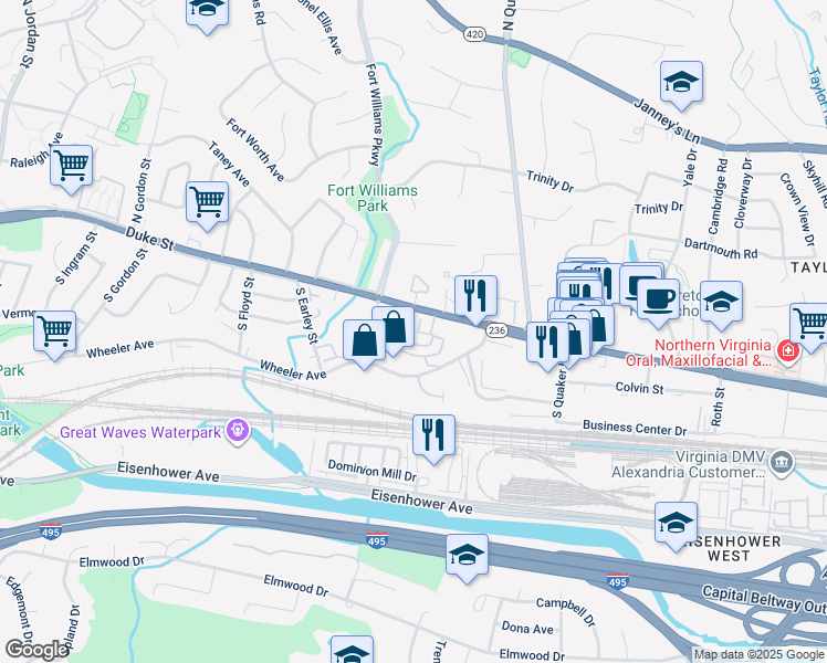 map of restaurants, bars, coffee shops, grocery stores, and more near 135 Normandy Hill Drive in Alexandria