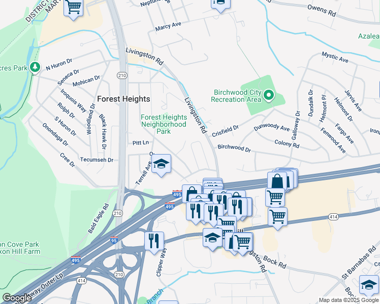 map of restaurants, bars, coffee shops, grocery stores, and more near 5817 Choctaw Drive in Oxon Hill