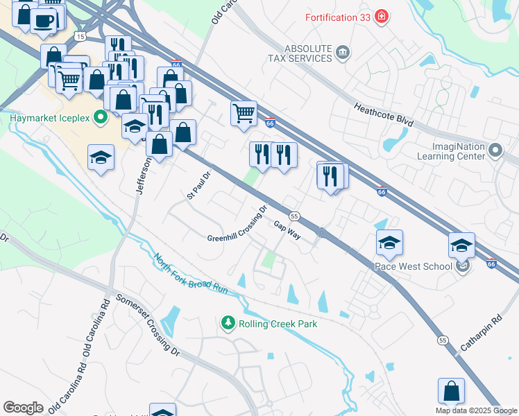 map of restaurants, bars, coffee shops, grocery stores, and more near 14800 Gap Way in Haymarket