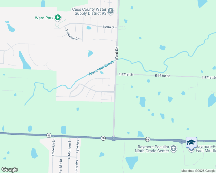 map of restaurants, bars, coffee shops, grocery stores, and more near 2217 Alexander Creek Drive in Raymore