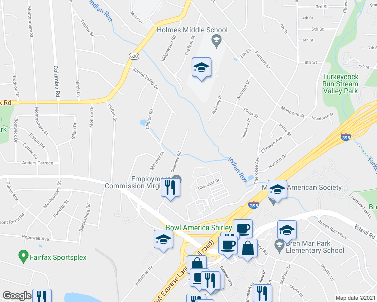 map of restaurants, bars, coffee shops, grocery stores, and more near 5285 Shawnee Road in Alexandria