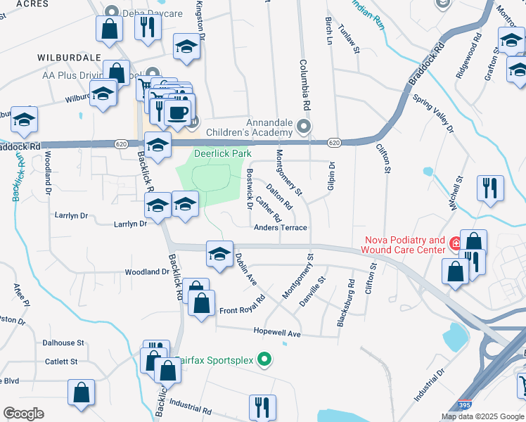 map of restaurants, bars, coffee shops, grocery stores, and more near 5216 Cather Road in Springfield
