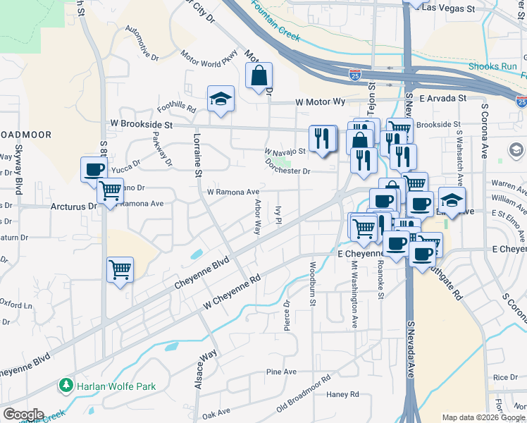 map of restaurants, bars, coffee shops, grocery stores, and more near 1736 Ivy Place in Colorado Springs