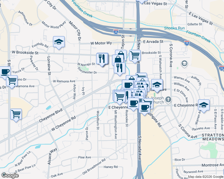 map of restaurants, bars, coffee shops, grocery stores, and more near 1801 South Cascade Avenue in Colorado Springs