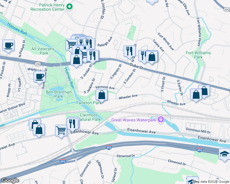 map of restaurants, bars, coffee shops, grocery stores, and more near 125 South Gordon Street in Alexandria