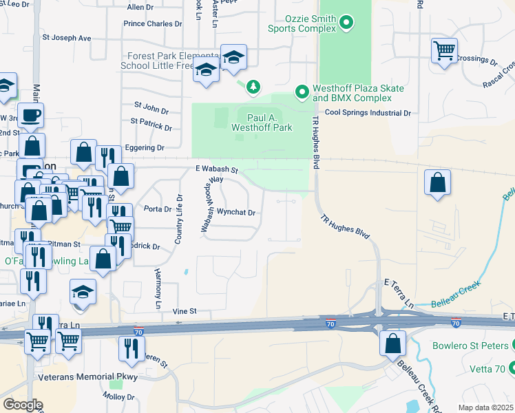 map of restaurants, bars, coffee shops, grocery stores, and more near 216 Wabash Woods Way in O'Fallon