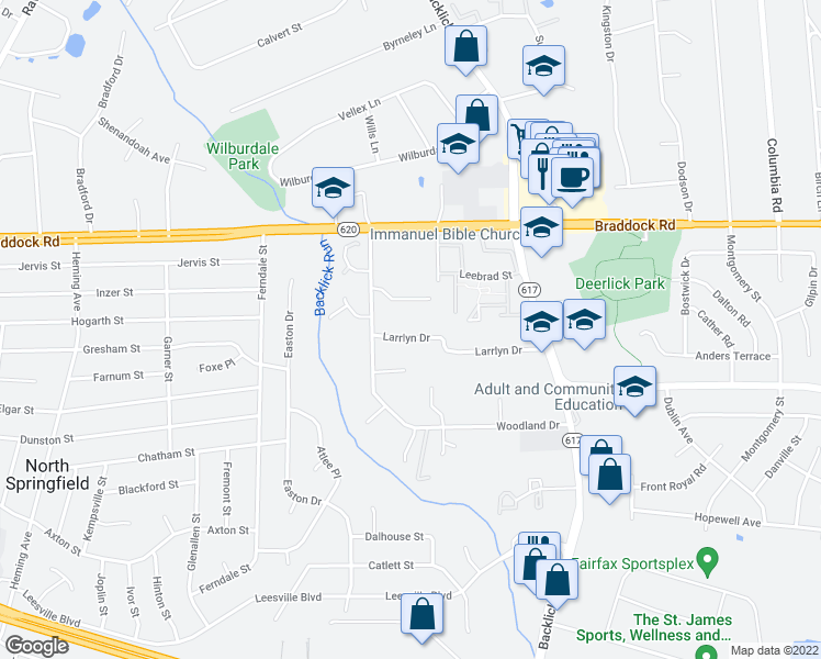 map of restaurants, bars, coffee shops, grocery stores, and more near 7112 Larrlyn Drive in Springfield