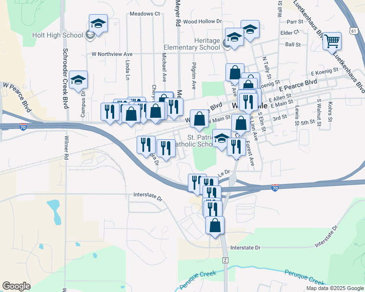map of restaurants, bars, coffee shops, grocery stores, and more near 300 Howard Drive in Wentzville