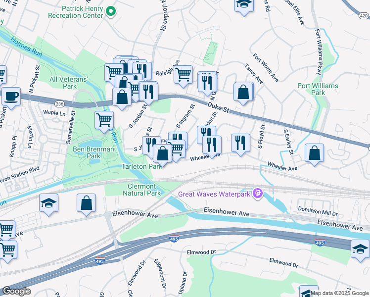 map of restaurants, bars, coffee shops, grocery stores, and more near 125 South Gordon Street in Alexandria