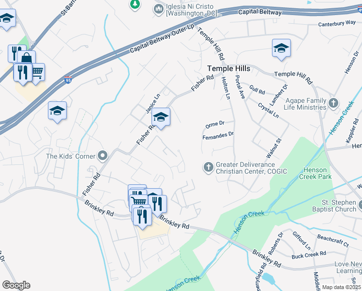 map of restaurants, bars, coffee shops, grocery stores, and more near 5948 Saint Moritz Drive in Temple Hills
