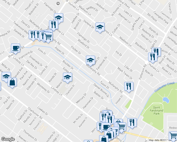 map of restaurants, bars, coffee shops, grocery stores, and more near 1069 Aspen Drive in Florissant