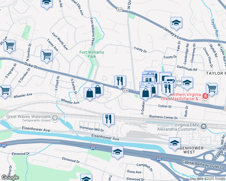 map of restaurants, bars, coffee shops, grocery stores, and more near 3520 Duke Street in Alexandria