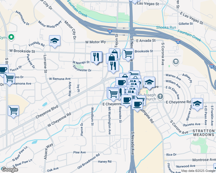 map of restaurants, bars, coffee shops, grocery stores, and more near 1801 South Cascade Avenue in Colorado Springs