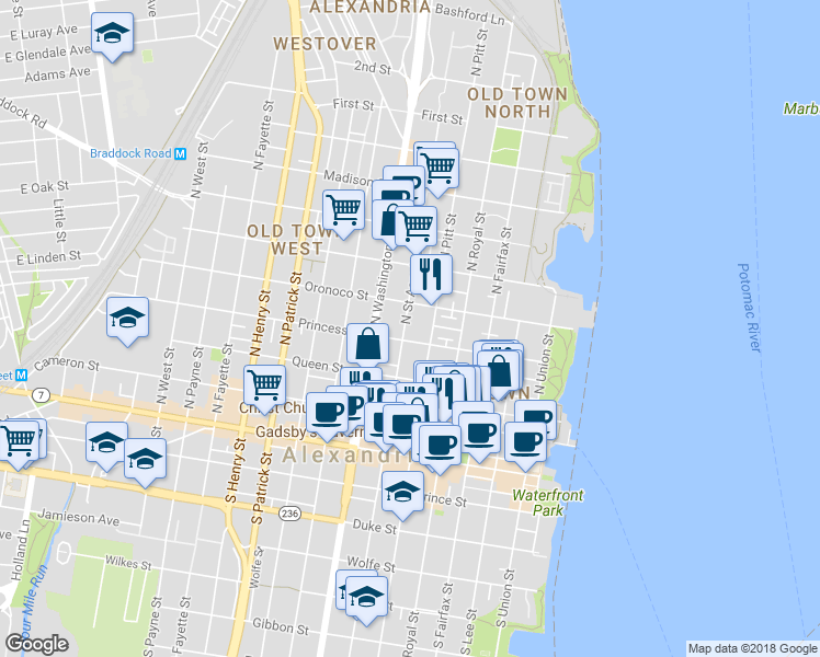 map of restaurants, bars, coffee shops, grocery stores, and more near 405 North Saint Asaph Street in Alexandria