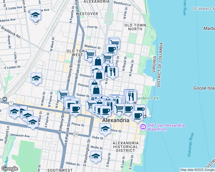 map of restaurants, bars, coffee shops, grocery stores, and more near 405 North Saint Asaph Street in Alexandria