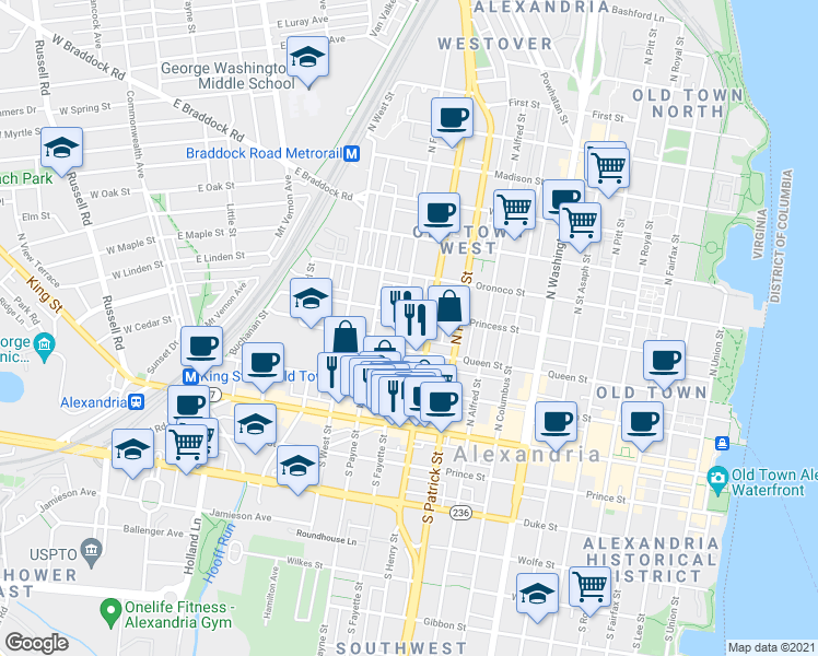 map of restaurants, bars, coffee shops, grocery stores, and more near 319-1/2 North Fayette Street in Alexandria