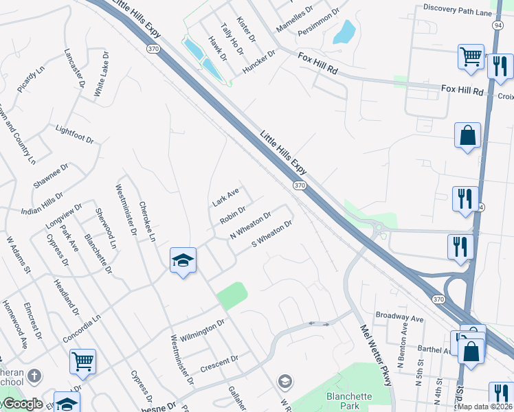 map of restaurants, bars, coffee shops, grocery stores, and more near 1231 North Wheaton Drive in Saint Charles