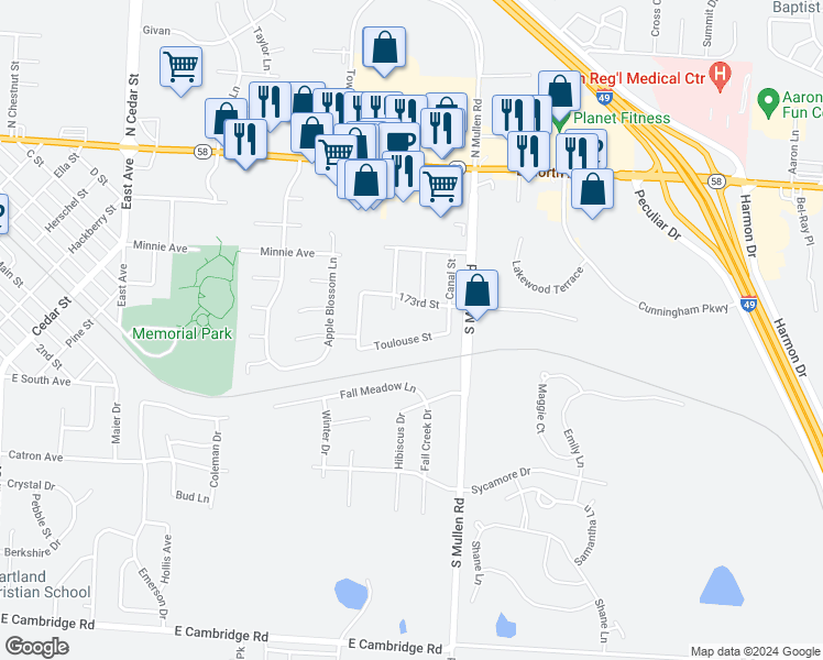 map of restaurants, bars, coffee shops, grocery stores, and more near 1208 Toulouse Street in Belton