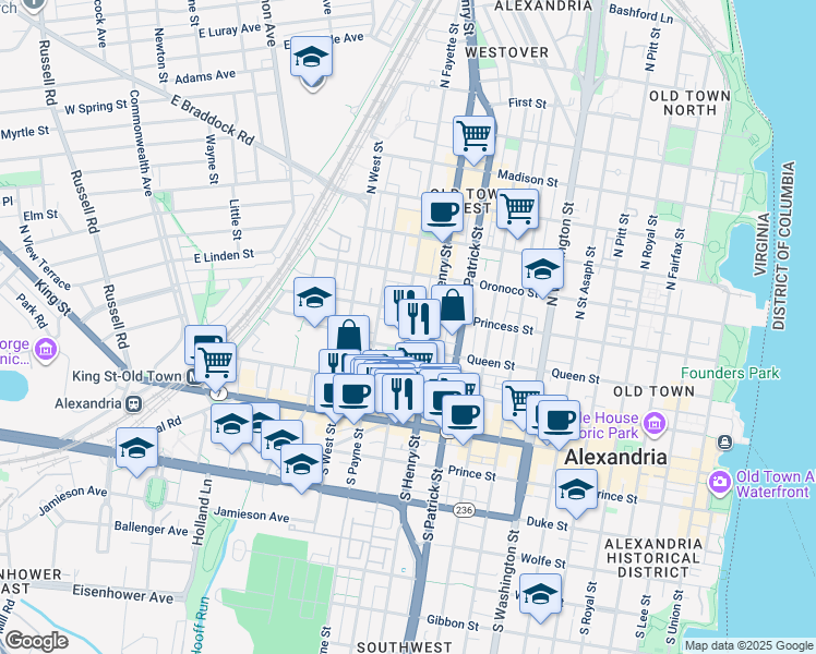 map of restaurants, bars, coffee shops, grocery stores, and more near 319-1/2 North Fayette Street in Alexandria