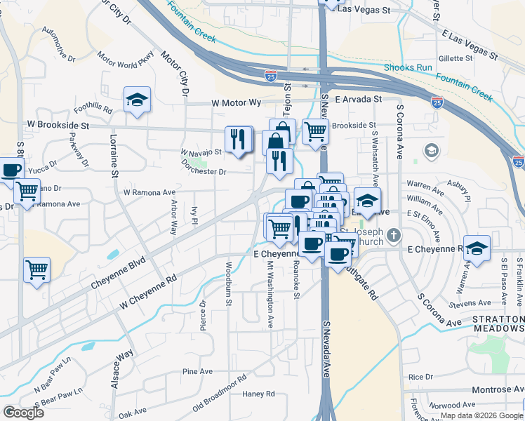 map of restaurants, bars, coffee shops, grocery stores, and more near 1801 South Cascade Avenue in Colorado Springs