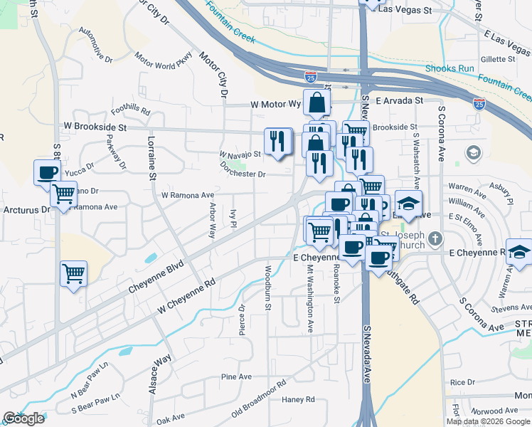 map of restaurants, bars, coffee shops, grocery stores, and more near 103 Cheyenne Boulevard in Colorado Springs