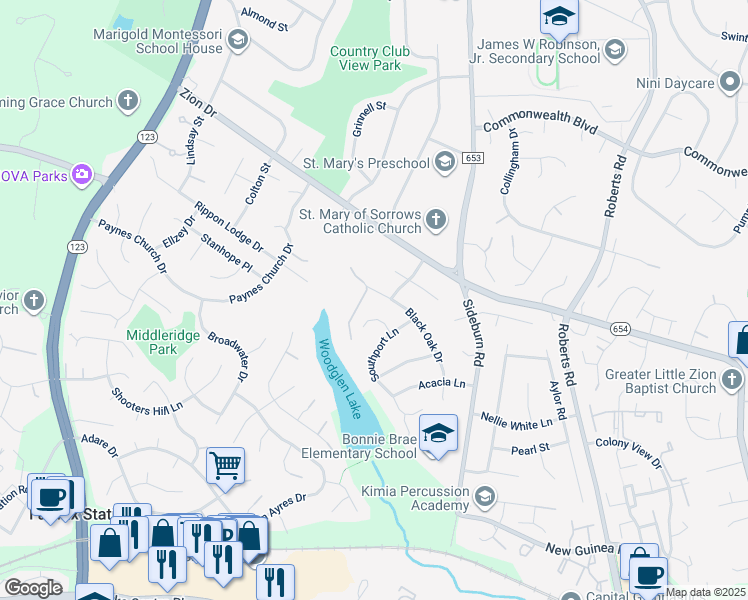 map of restaurants, bars, coffee shops, grocery stores, and more near 5332 Black Oak Drive in Fairfax