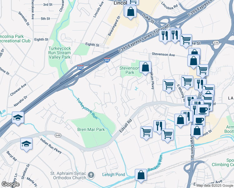 map of restaurants, bars, coffee shops, grocery stores, and more near 6237 Split Creek Lane in Alexandria