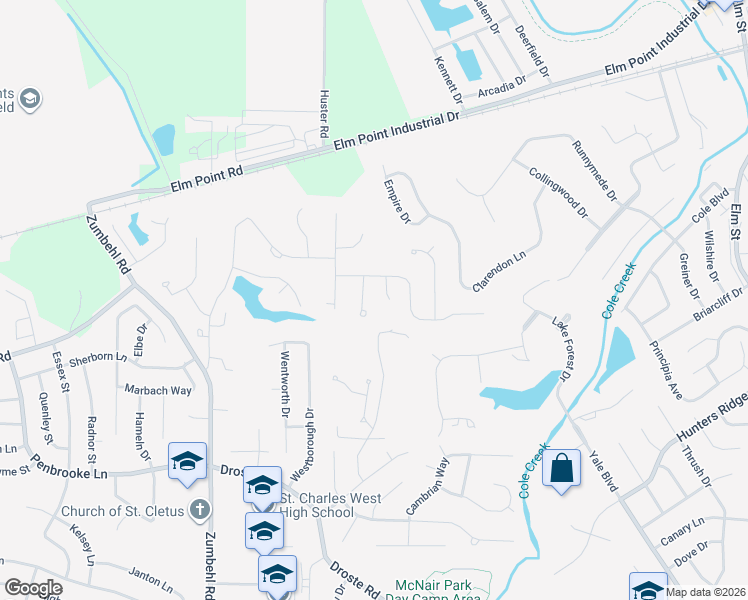map of restaurants, bars, coffee shops, grocery stores, and more near 12 Hineman Drive in Saint Charles
