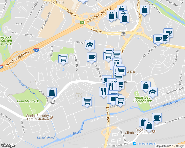 map of restaurants, bars, coffee shops, grocery stores, and more near 441 Clayton Lane in Alexandria