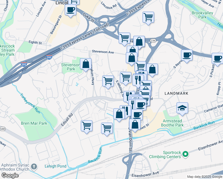 map of restaurants, bars, coffee shops, grocery stores, and more near 441 Clayton Lane in Alexandria
