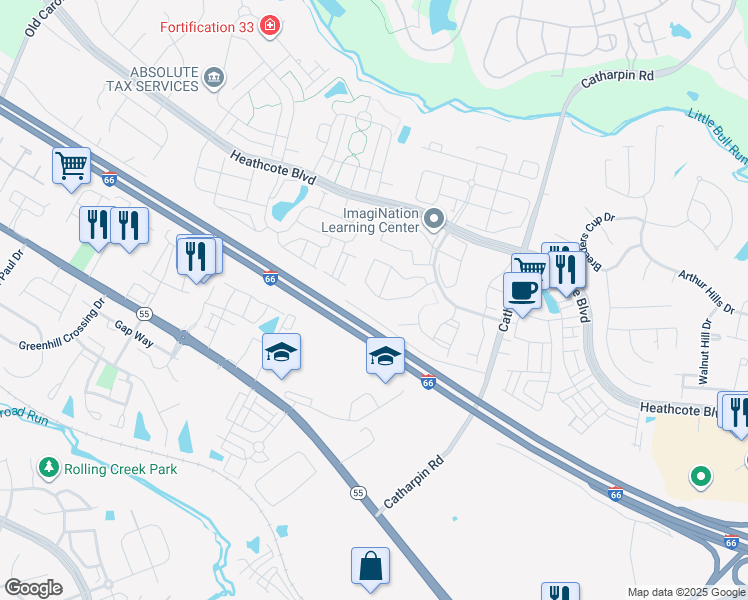 map of restaurants, bars, coffee shops, grocery stores, and more near 14253 Legend Glen Court in Gainesville