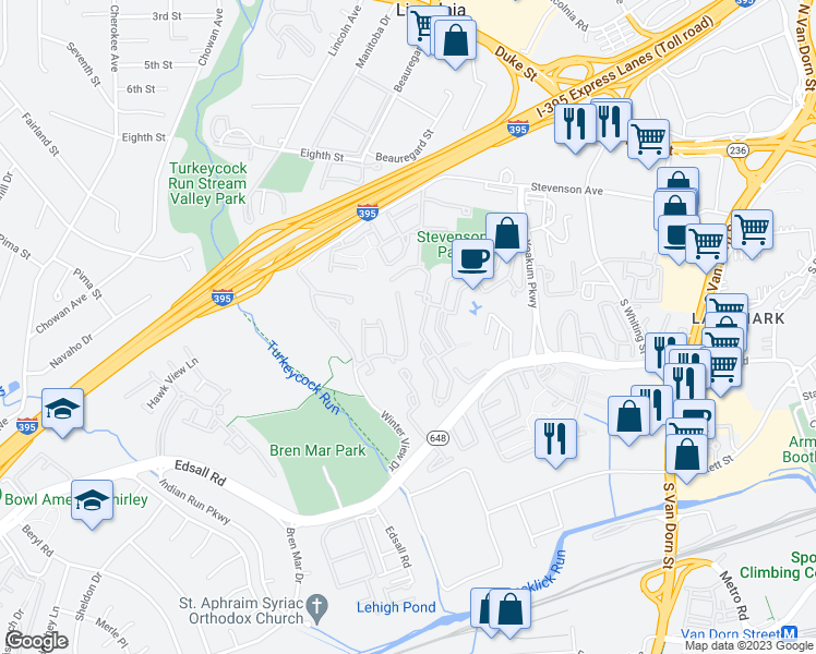 map of restaurants, bars, coffee shops, grocery stores, and more near 6237 Split Creek Lane in Alexandria