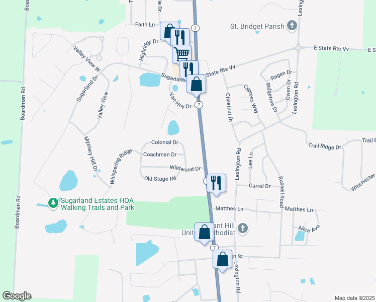 map of restaurants, bars, coffee shops, grocery stores, and more near 1005 Colonial Drive in Pleasant Hill