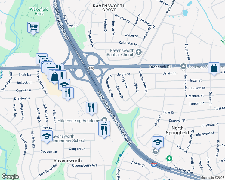 map of restaurants, bars, coffee shops, grocery stores, and more near 5337 Ravensworth Road in Springfield