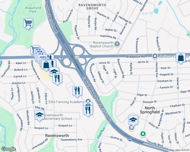 map of restaurants, bars, coffee shops, grocery stores, and more near 5337 Ravensworth Road in Springfield