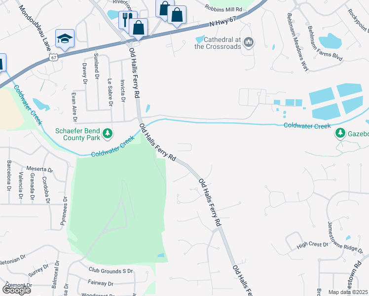 map of restaurants, bars, coffee shops, grocery stores, and more near 13700 Old Halls Ferry Road in Florissant
