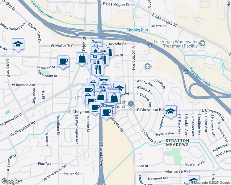 map of restaurants, bars, coffee shops, grocery stores, and more near in Colorado Springs