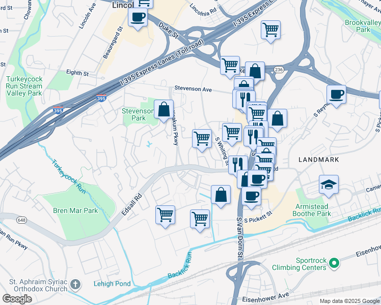 map of restaurants, bars, coffee shops, grocery stores, and more near 6101 Edsall Road in Alexandria